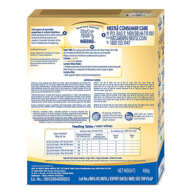 Nestle Nan Pro Infant Formula Stage 1 (Upto 6 months) Powder, 400GM Refill Pack
